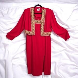 Vintage R.J. &‎ Co ss & Jacket Suit Woman Size 14 Petite Red Gold Embroidery